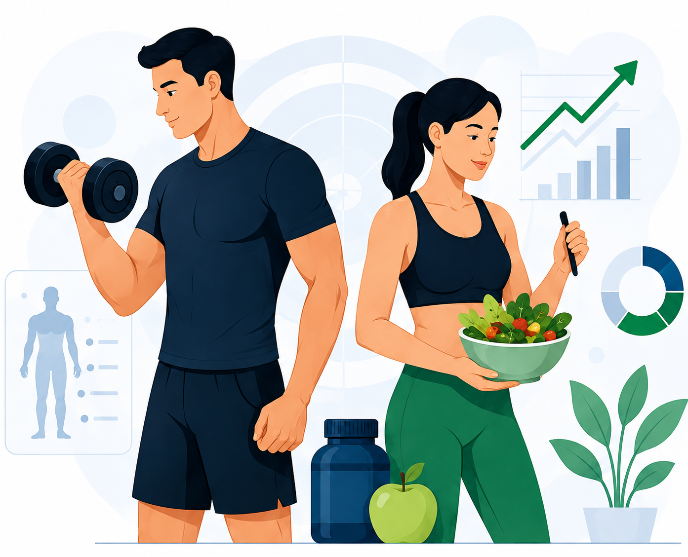 Illustratie van training, voeding en vooruitgang